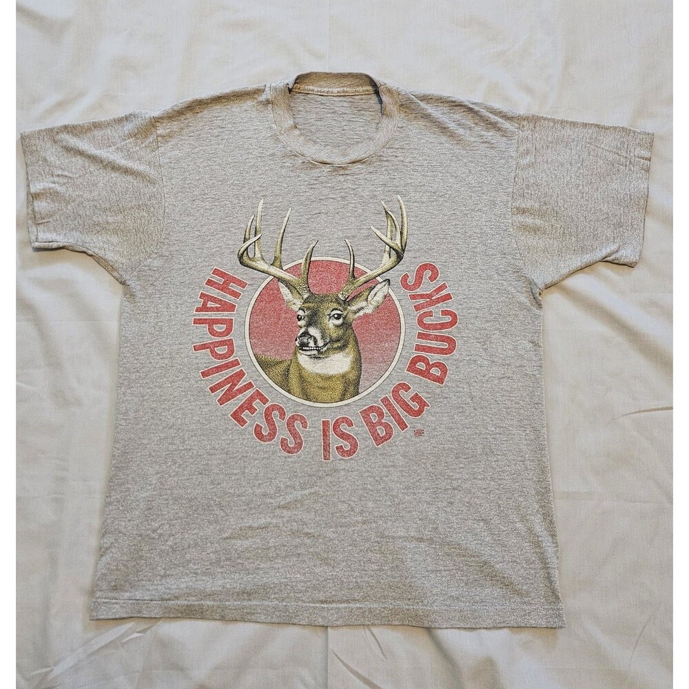 Vintage Humor T Shirt Happiness Is Big Bucks Deer Hunting Graphic tri-blend USA